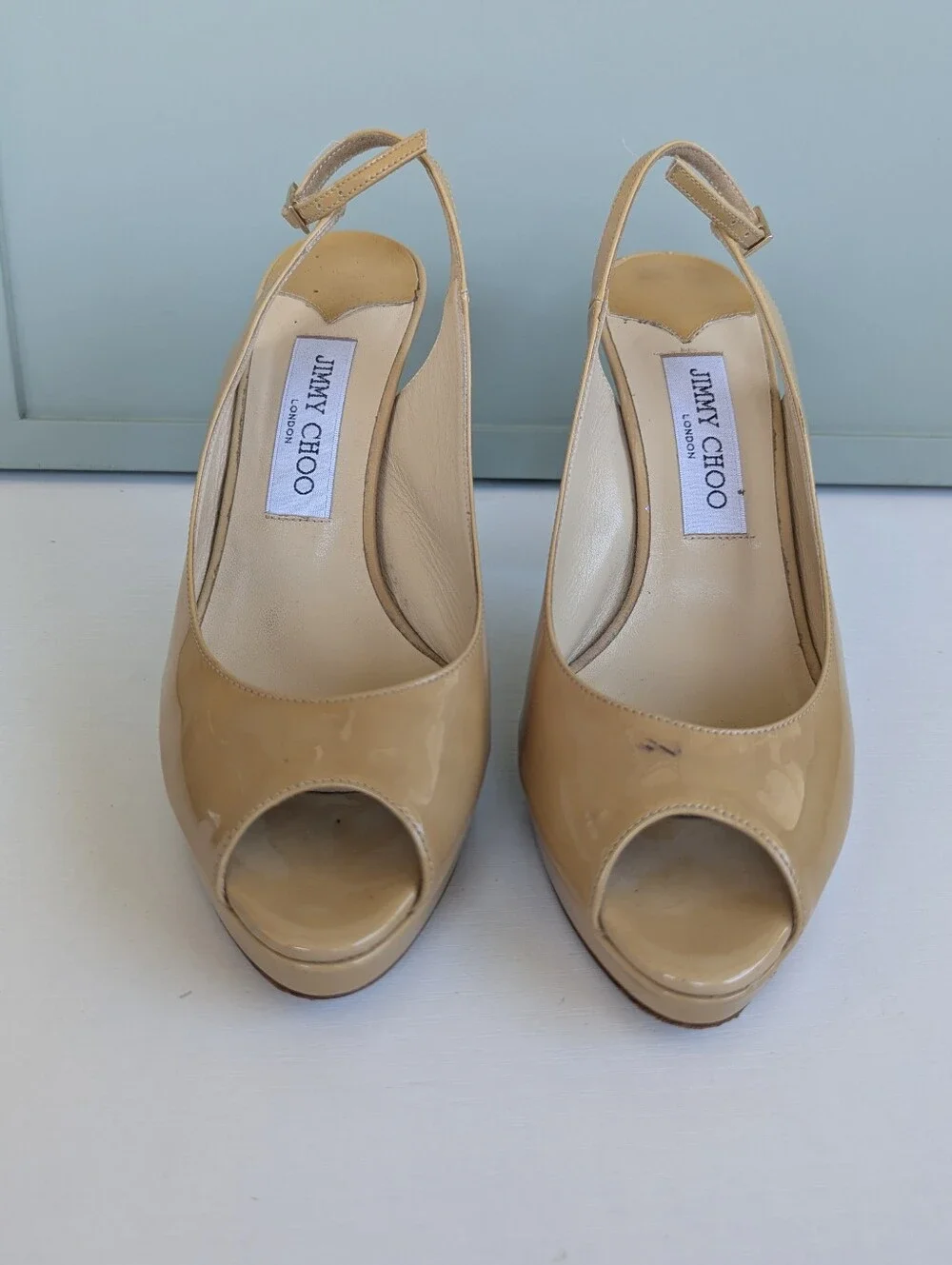 Jimmy Choo Beige Patent Leather Peep-Toe Slingback Wedges